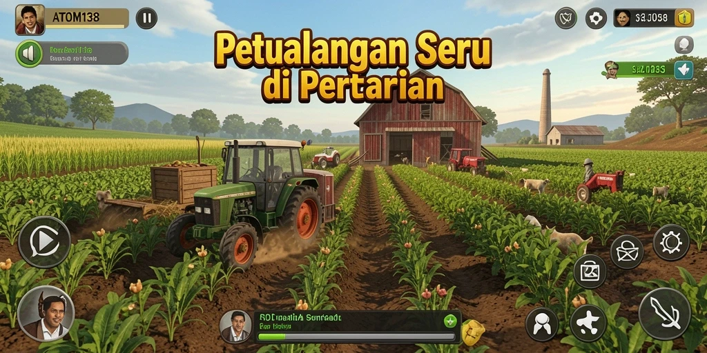 Screenshot ATOM138 menampilkan petani yang bahagia di ladang hijau.