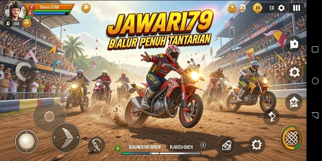 Tangkapan layar gameplay JAWARA79 menampilkan balapan seru dan mobil yang mengesankan.