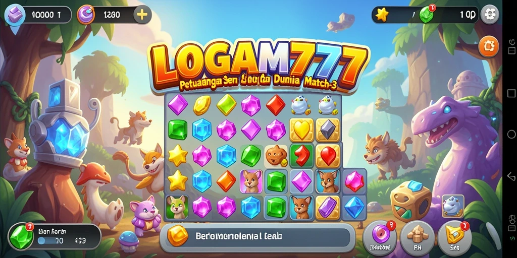 Tampilan gameplay LOGAM777 dengan beragam elemen warna-warni Match-3.
