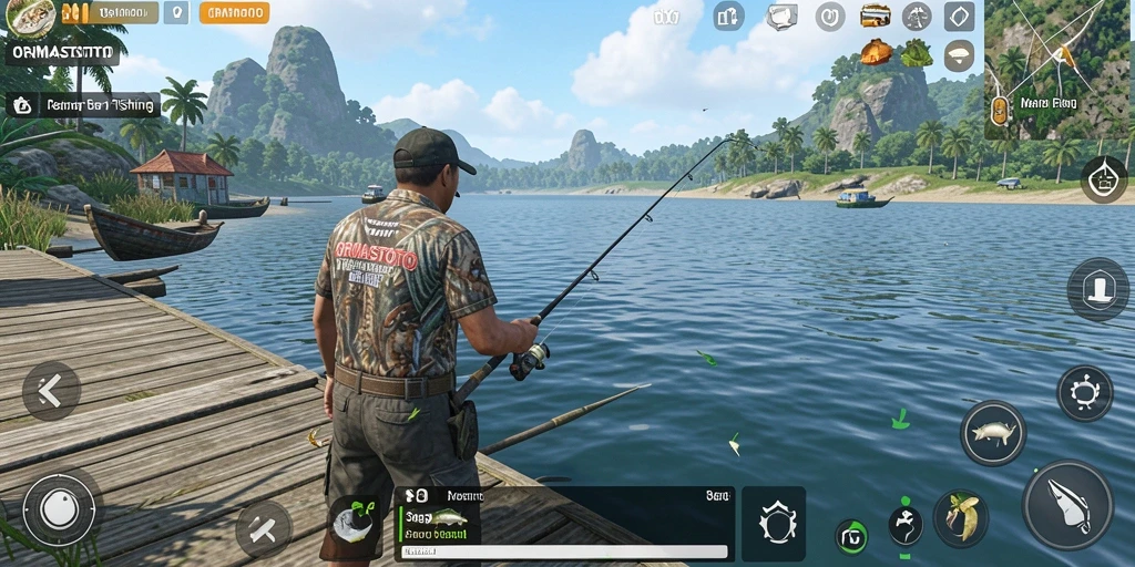 Screenshot gameplay ORMASTOTO yang menampilkan aksi memancing seru.