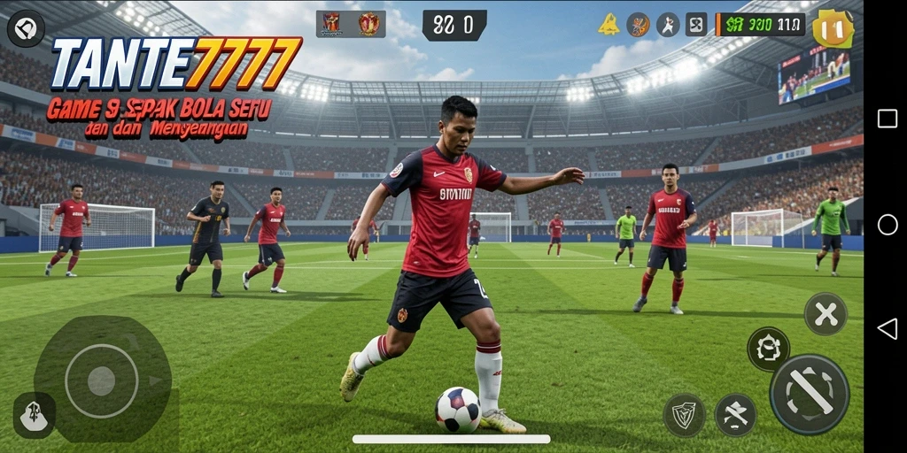 Screenshot utama menunjukkan aksi mendebarkan di lapangan sepak bola.